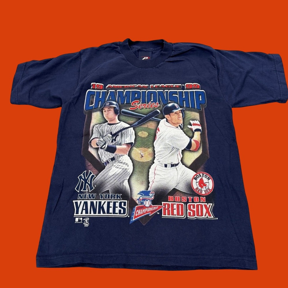 Vintage 90s 1999 MLB ALCS Yankees Red Sox Pro Player T-Shirt Navy Blue L 14/16